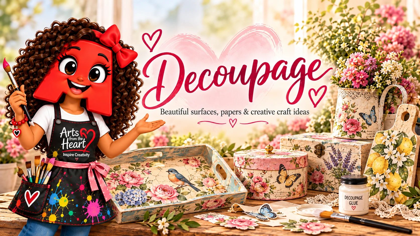 Decoupage — beautiful surfaces, papers and creative craft ideas: a floral tray, round box, keepsake box, pitcher and lemon cutting board