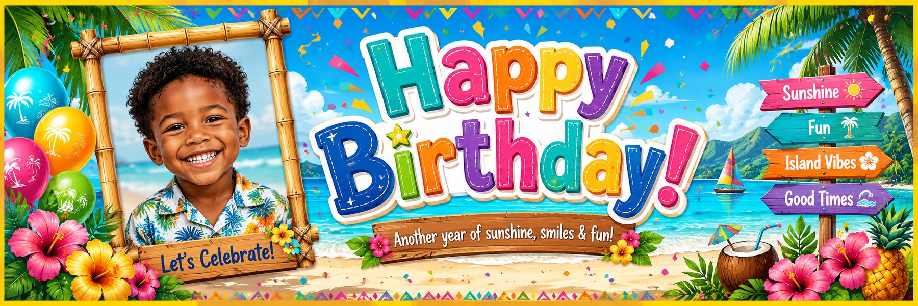 Custom birthday banner with photo, tropical design