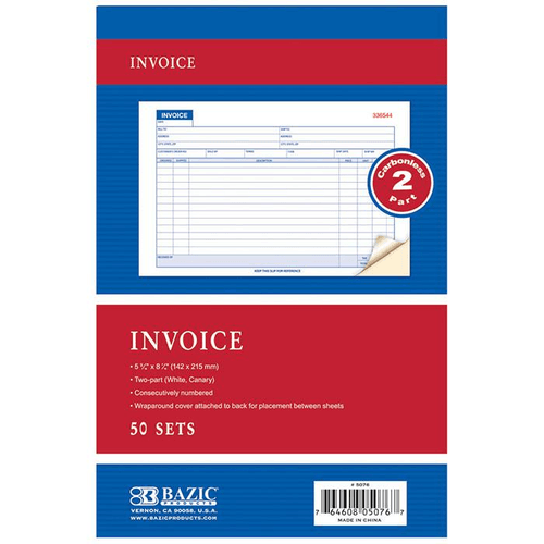BAZIC 50 Sets 5 9/16" x 8 7/16" 2-Part Carbonless Invoice Book