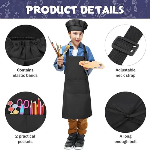 Kids Apron + Chef Hat Set Black: 7-13 yrs