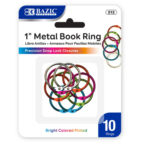1" ASST COLOR METAL BOOK RINGS. 12 PACK
