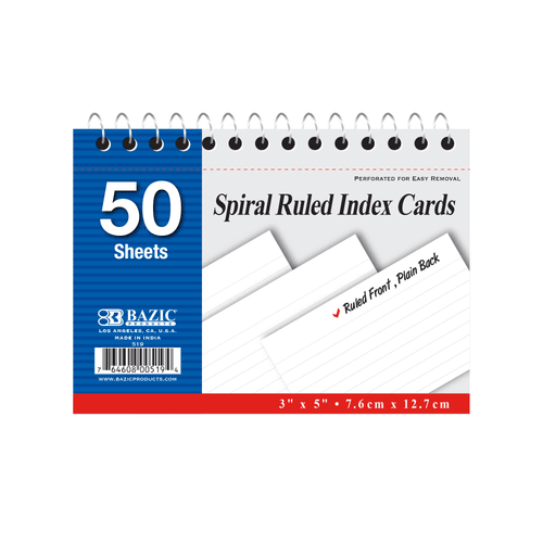 50 ct. Spiral Bound 3" x 5" Ruled White Index Card