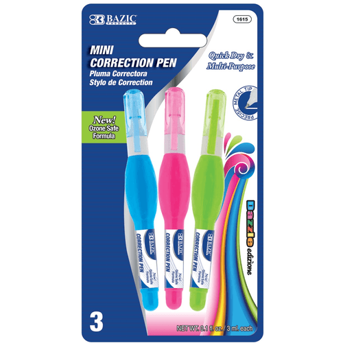 BAZIC 3 mL Metal Tip Mini Correction Pen (3PK)