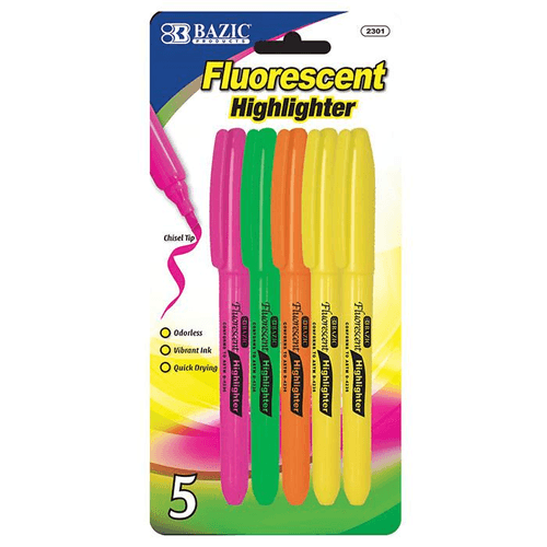 Pen Style Fluorescent Highlighters w/ Pocket Clip (5/Pack)