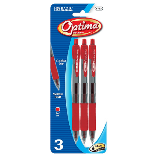 Optima Red Retractable Oil Gel Pen w/ Grip (3/Pack)