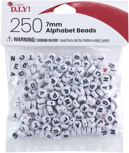CousinDIY Alphabet Beads 7mm 250/Pkg-White Round With Black Letter