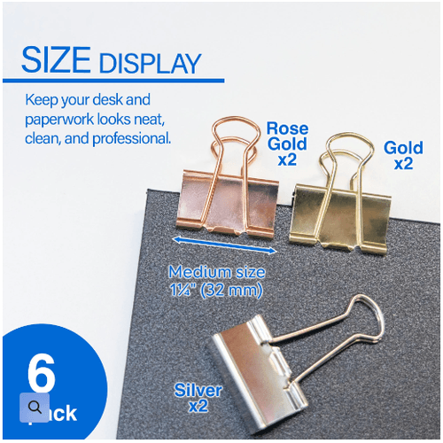 Medium 1 1/4" (32mm) Assorted Color Metallic Binder Clip (6/Pack)
