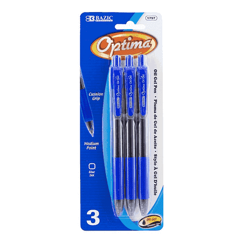 Optima Blue Retractable Oil Gel Pen w/ Grip (3/Pack)