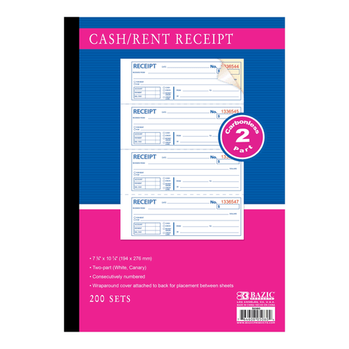 BAZIC 200 Sets 7 5/8" x 10 7/8" 2-Part Carbonless Cash or Rent Receipt Book