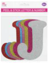 GLITTER LETTERS "J" PEEL&STICK 6 COLORS ASSTD 12-14CM