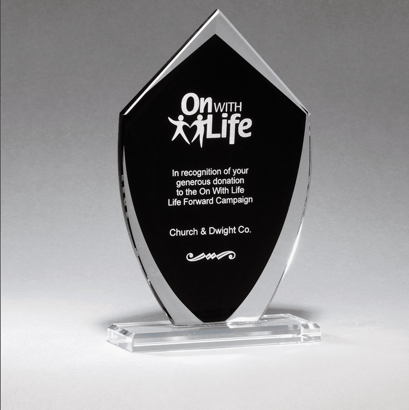 G2921 - 5" x 8 1/4" Shield Shaped Glass Award with Black Silkscreened Center