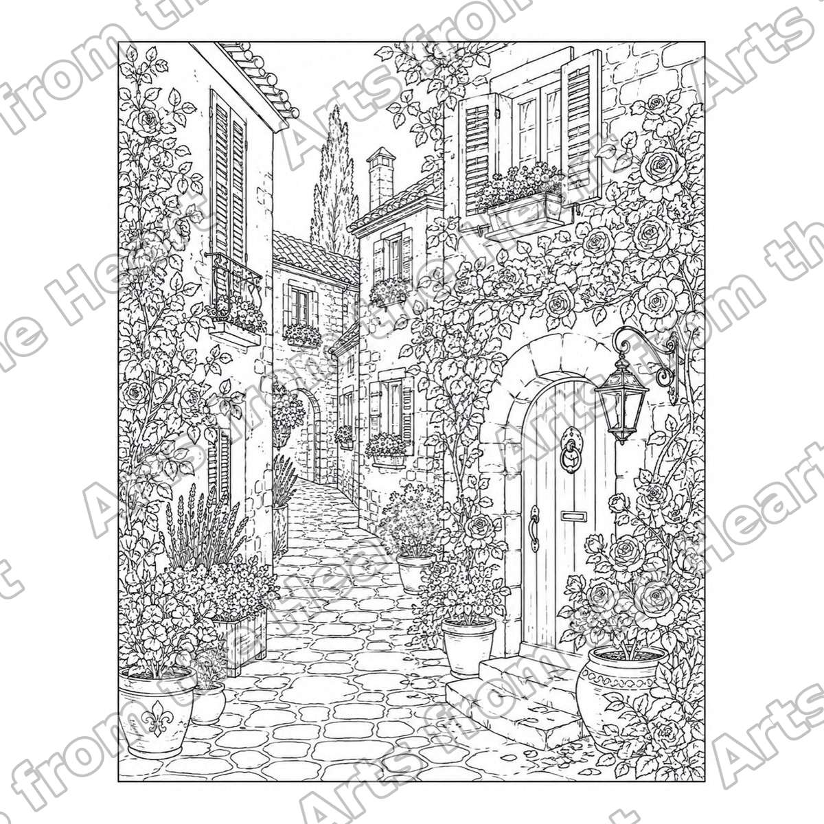 Flowered Village Lane, Fine Detail Pre-Drawn Sip & Paint Canvas, 8x10 – Arts from the Heart SXM