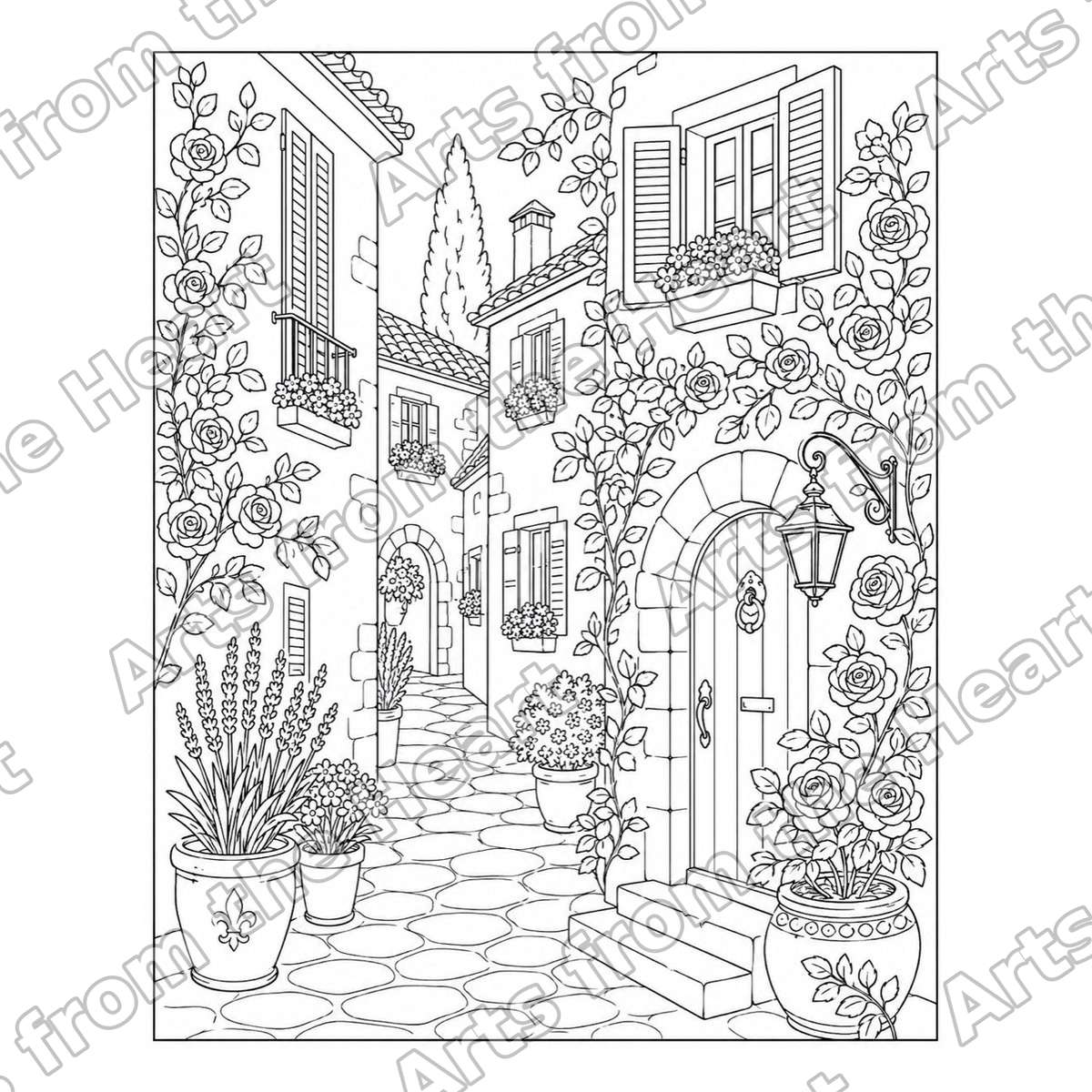 Flowered Village Lane, Framed Pre-Drawn Sip & Paint Canvas, 8x10 – Arts from the Heart SXM