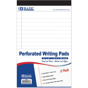 BAZIC 50 Ct. 5" X 8" White Jr. Perforated Writing Pads (2/Pack)