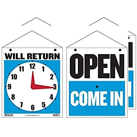 BAZIC 7.5" X 9" "WILL RETURN" Clock Sign w/ "OPEN" sign on back