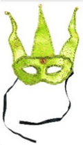 Mask-it Green velvet half mask 7.5" w/crown points and bells, Black cloth tie 1pc