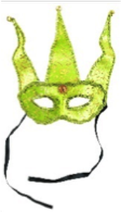 Mask-it Green velvet half mask 7.5" w/crown points and bells, Black cloth tie 1pc