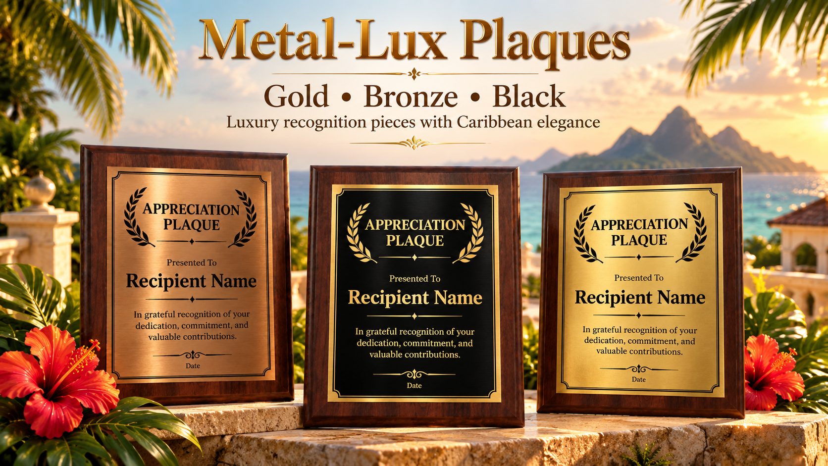 Metal-Lux plaques in gold, bronze and black