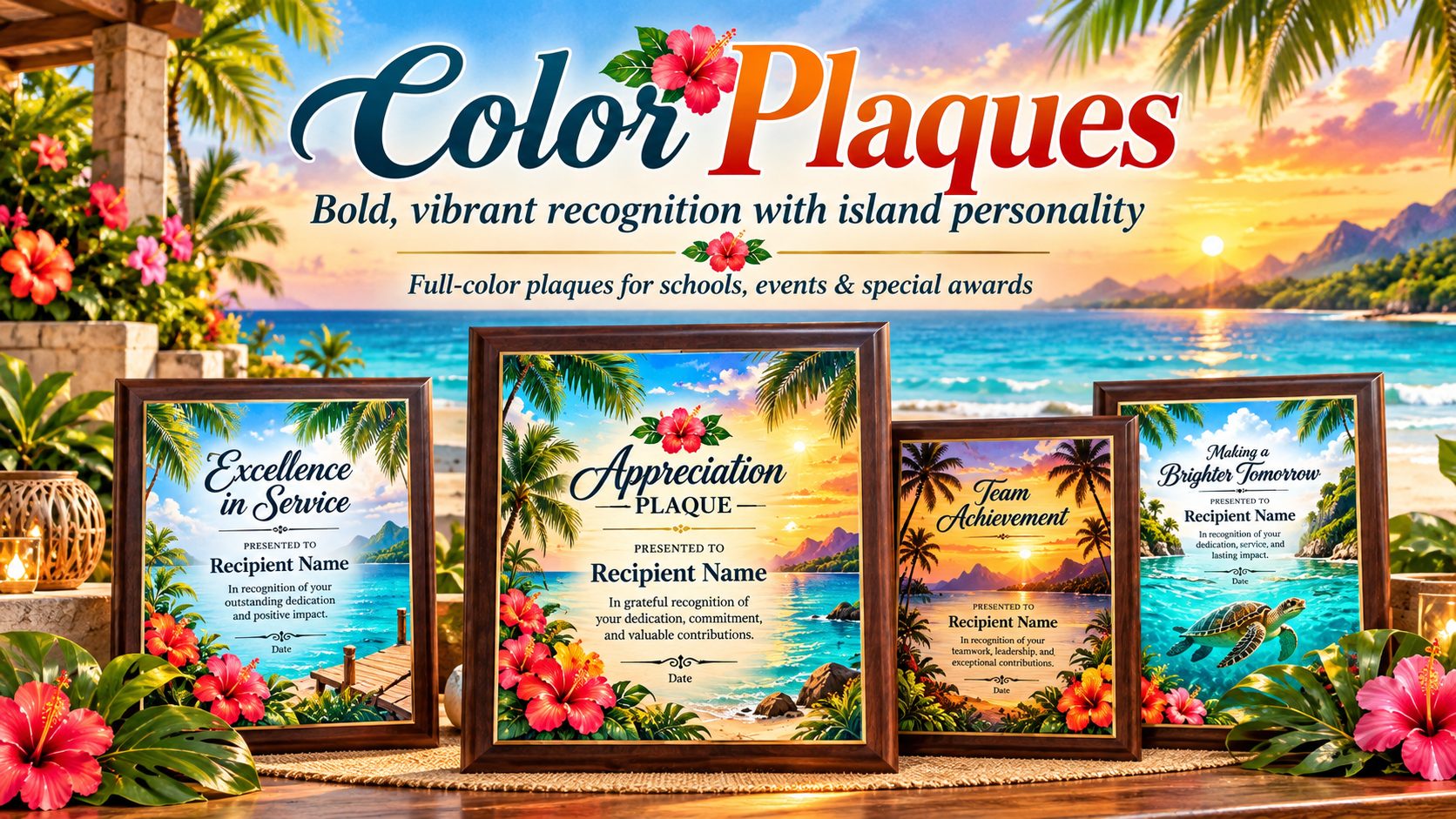Full color plaques — bold, vibrant recognition with island personality