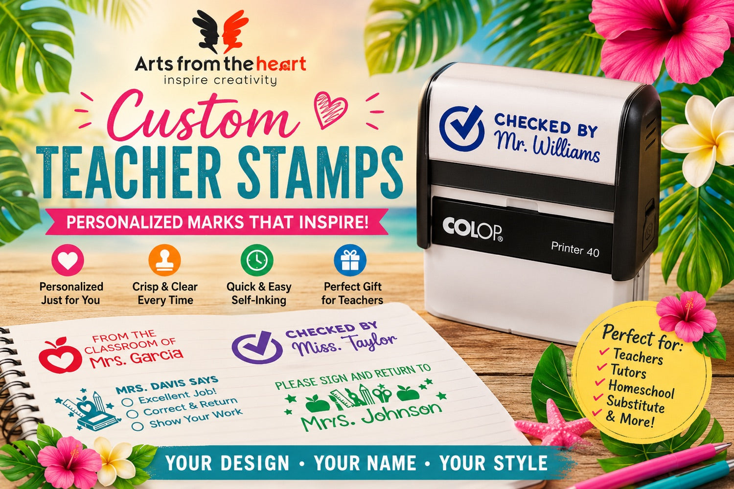 Custom Teacher Stamps — personalised marks that inspire. From the classroom of, Checked by, Please sign and return, and more.
